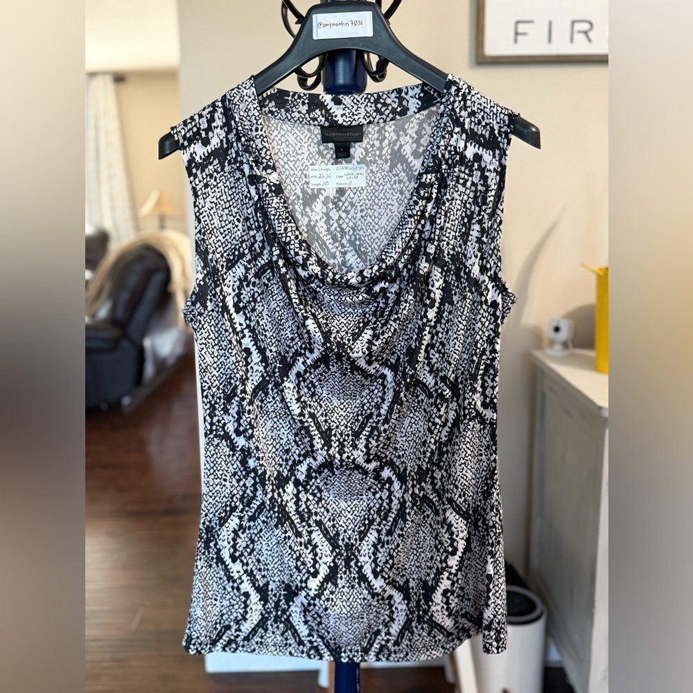 Worthington Black, Grey, and White Snake Print Sleeveless Blouse, Size L